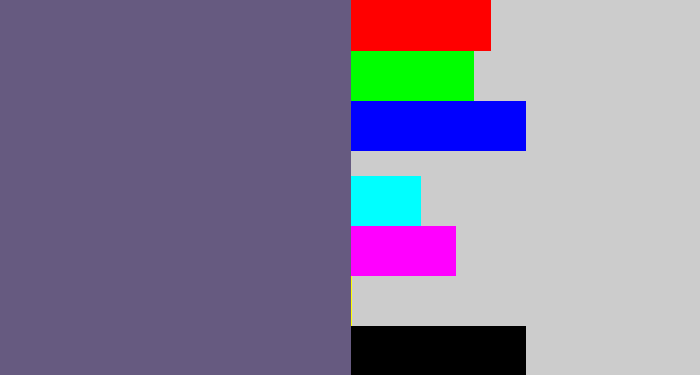 Hex color #665a80 - purplish grey