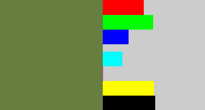 Hex color #667e3f - military green