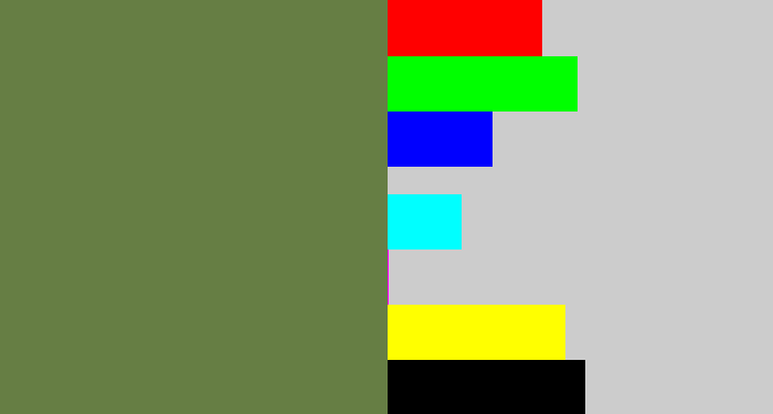 Hex color #667e44 - military green