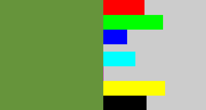 Hex color #66943b - moss green