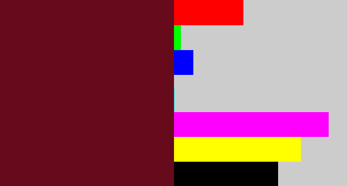 Hex color #670b1c - claret