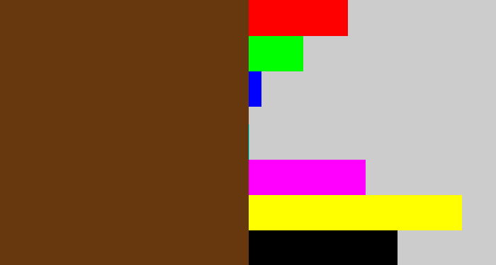 Hex color #67370e - brown
