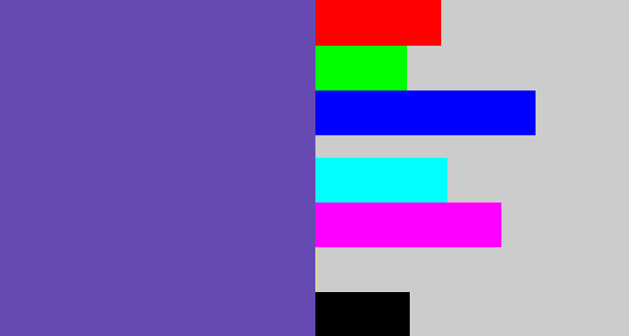 Hex color #6749b2 - bluey purple