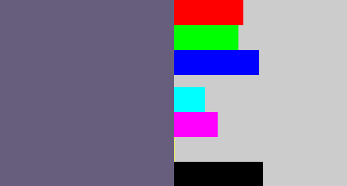 Hex color #675e7d - purplish grey