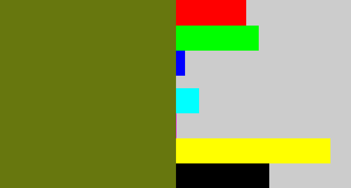 Hex color #67770e - murky green
