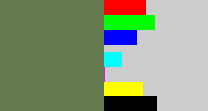 Hex color #677c4e - military green