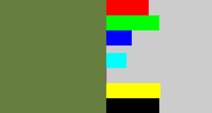 Hex color #677f3e - military green