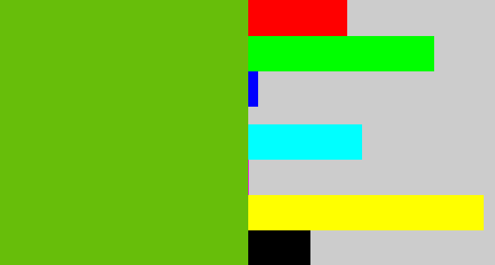 Hex color #67be0a - frog green