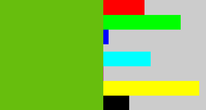 Hex color #67be0d - frog green