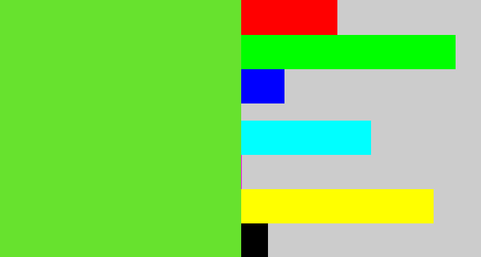 Hex color #67e22e - toxic green