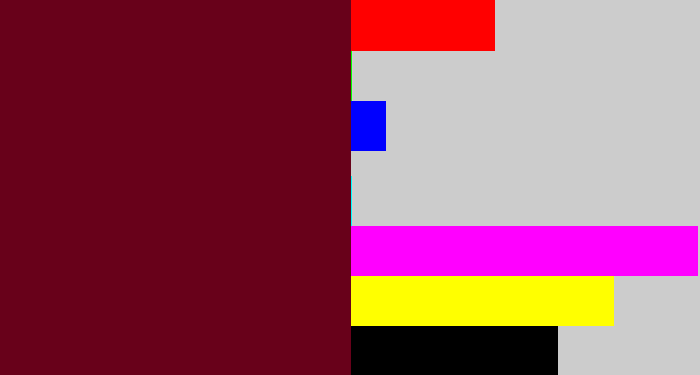 Hex color #68011a - claret