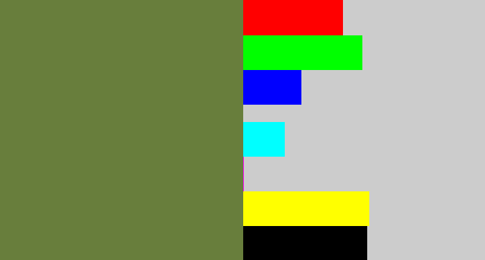 Hex color #687e3c - military green