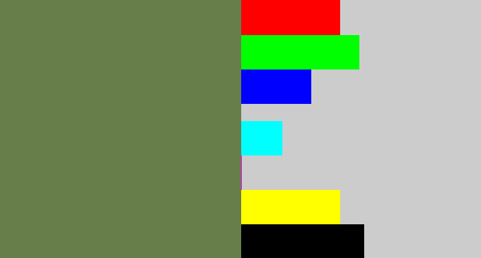 Hex color #687e4a - military green