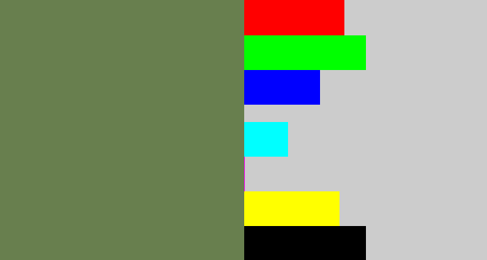 Hex color #687f4e - military green