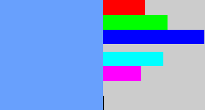 Hex color #68a0fd - sky blue
