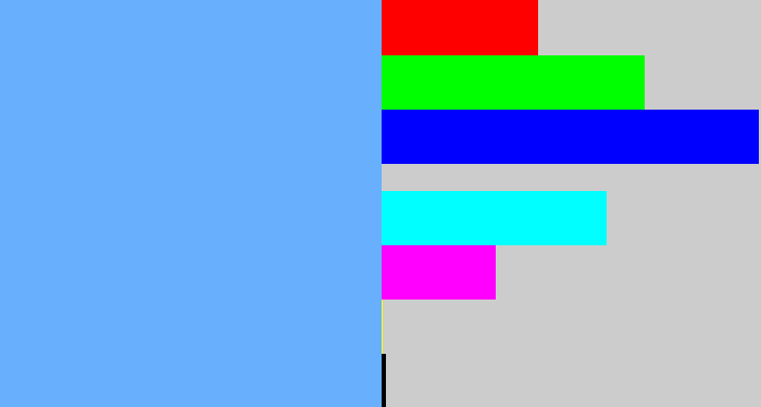 Hex color #68b0fd - sky blue
