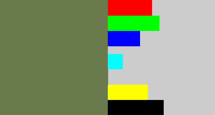 Hex color #697a4d - military green