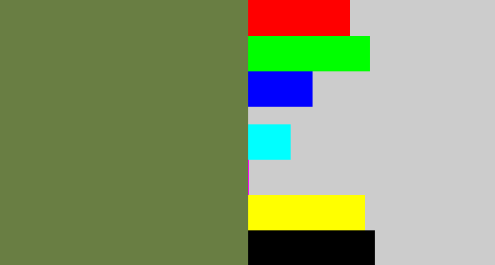 Hex color #697e43 - military green