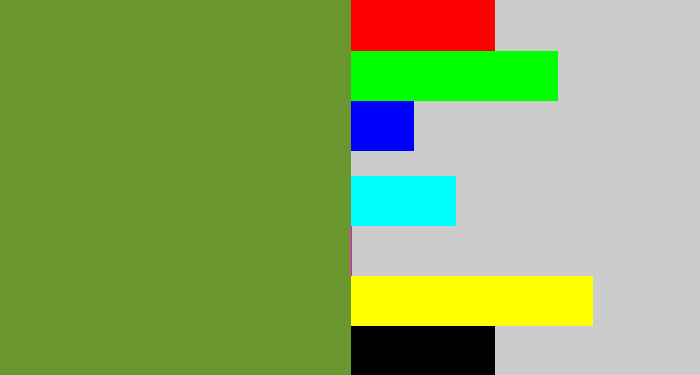 Hex color #69962f - moss green