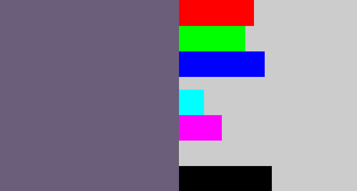Hex color #6a5e7b - purplish grey