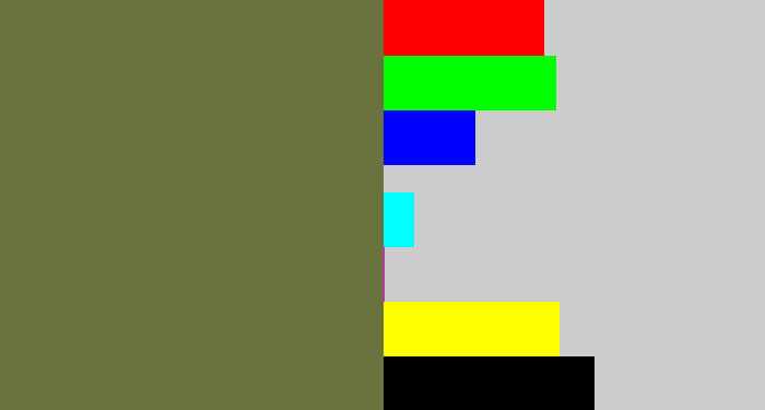 Hex color #6a733e - military green