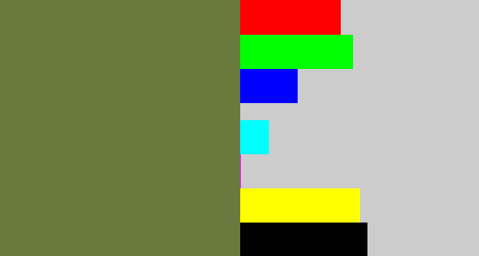 Hex color #6a793d - military green