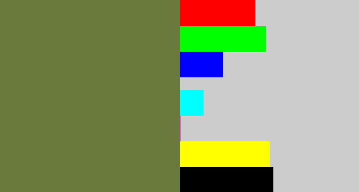 Hex color #6a7a3d - military green