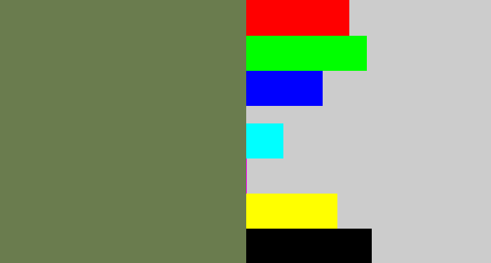 Hex color #6a7c4e - military green