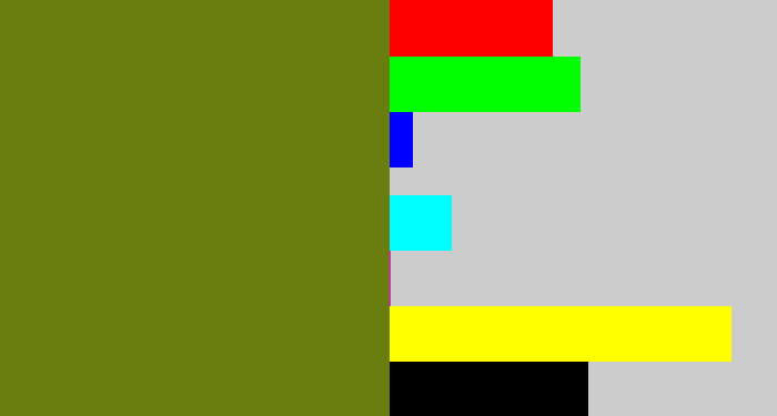 Hex color #6a7e0f - murky green