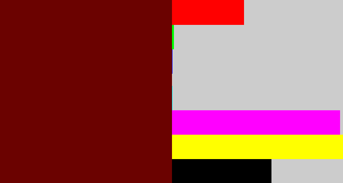 Hex color #6b0200 - blood