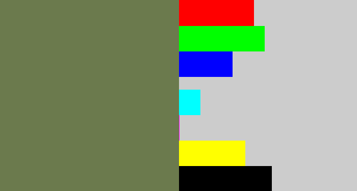 Hex color #6b7a4d - military green