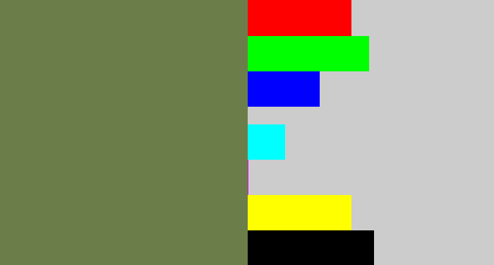 Hex color #6b7e49 - military green