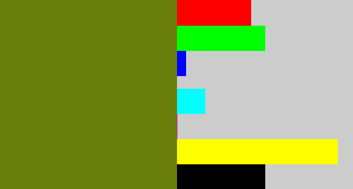 Hex color #6b7f0c - murky green