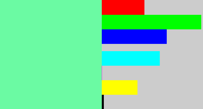 Hex color #6bfaa3 - light bluish green