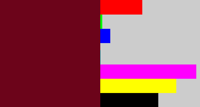 Hex color #6c041a - claret