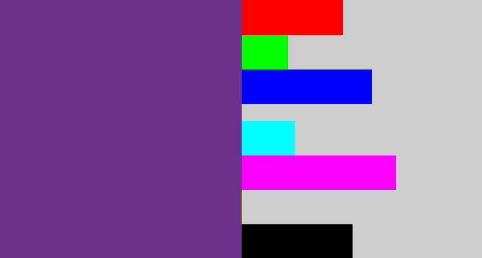 Hex color #6c318a - purple
