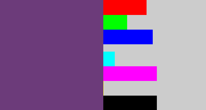 Hex color #6c3b7a - bruise