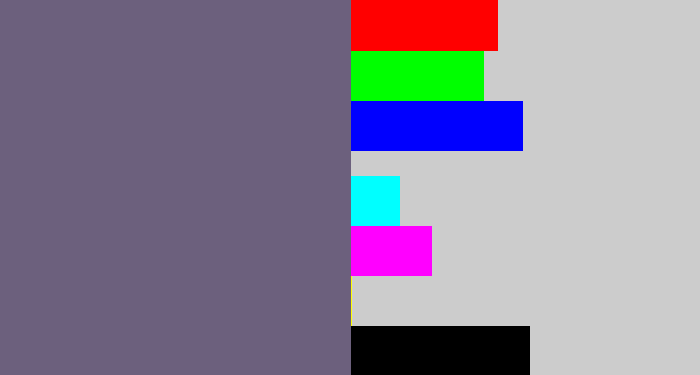 Hex color #6c607d - purplish grey