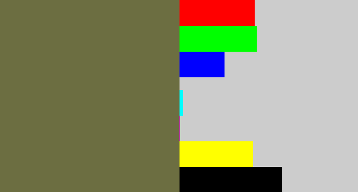 Hex color #6c6e41 - military green