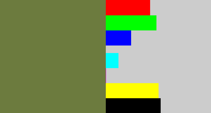 Hex color #6c7b3e - military green