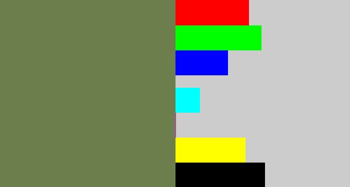 Hex color #6c7e4c - military green