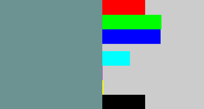Hex color #6c9392 - bluish grey