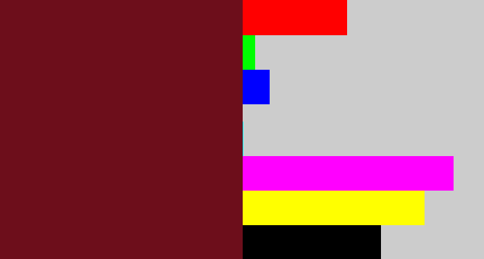 Hex color #6d0e1b - claret