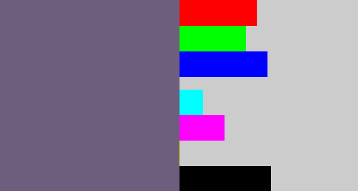 Hex color #6d5e7e - purplish grey
