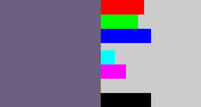 Hex color #6d5f7f - purplish grey