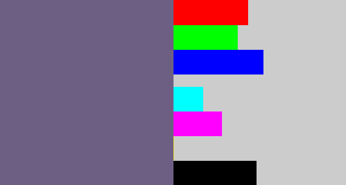 Hex color #6d5f84 - purplish grey