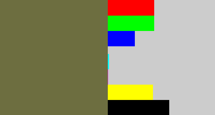 Hex color #6d6e40 - military green