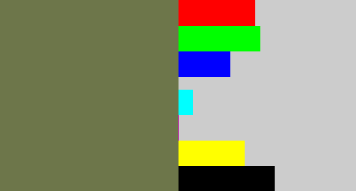 Hex color #6d764a - military green