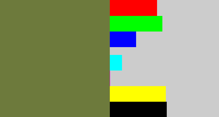 Hex color #6d7a3c - military green
