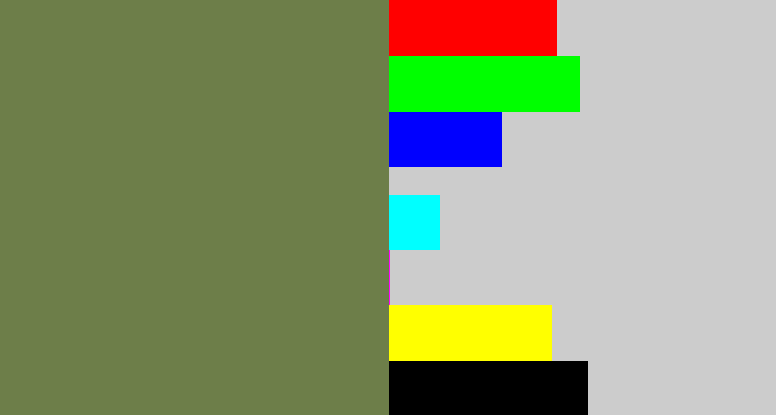 Hex color #6d7e49 - military green